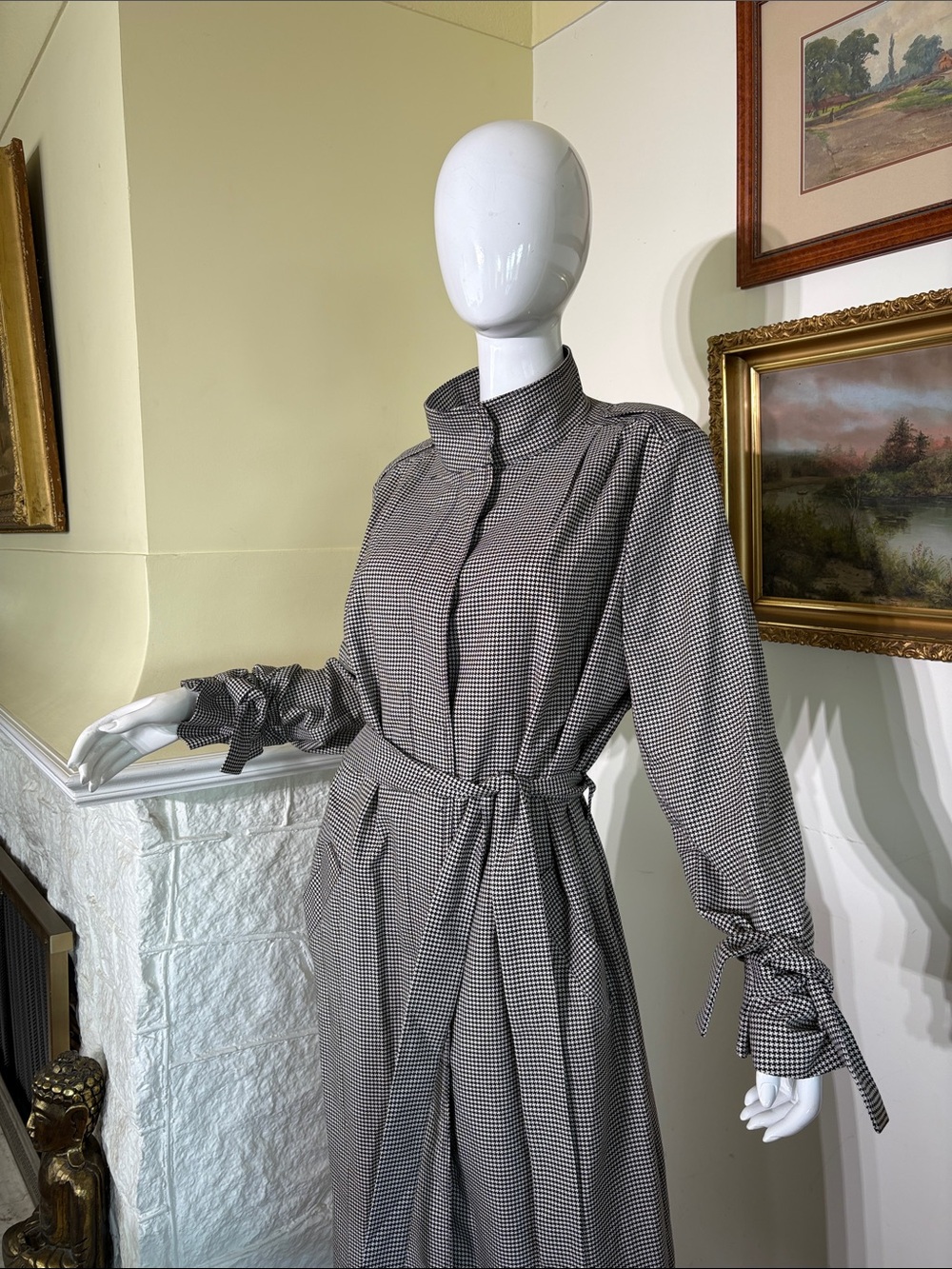 H&M Houndstooth Belted Trench Coat Dress Stand Up Collar - Size 14 - Picture 3 of 10